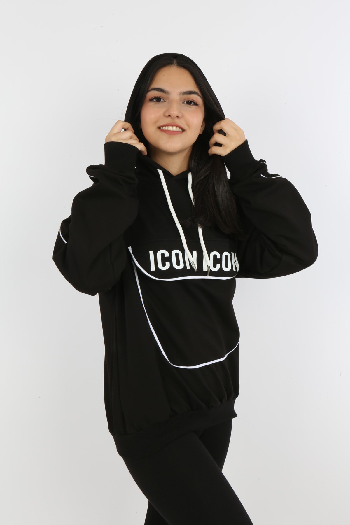 Kız Çocuk Yazı Baskılı Kapüşonlu Cepli Sweatshirt