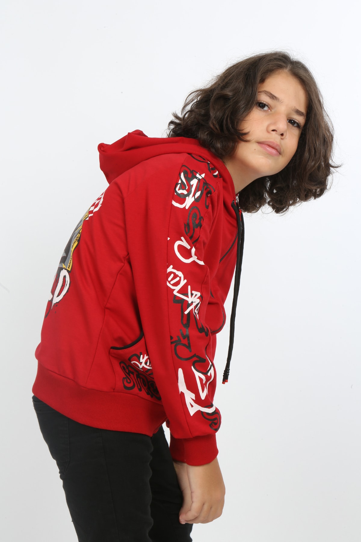 Erkek Çocuk Ön Ve Arka Baskılı Kapüşonlu Cepli Fermuarlı Sweatshirt