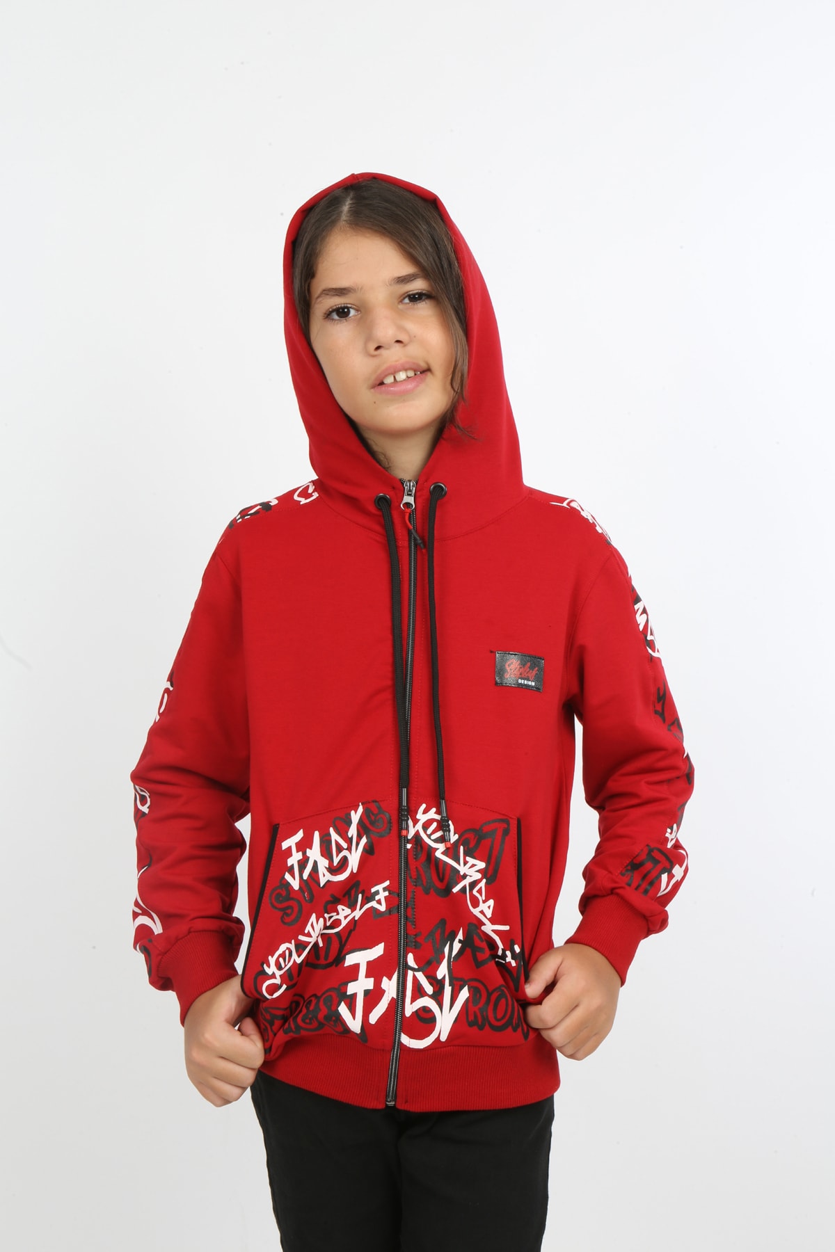 Erkek Çocuk Ön Ve Arka Baskılı Kapüşonlu Cepli Fermuarlı Sweatshirt