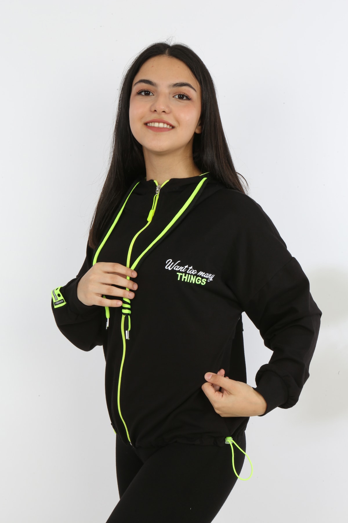 Kız Çocuk Ön Ve Arka Nakışlı Fermuarlı Cepli Sweatshirt