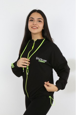 Kız Çocuk Ön Ve Arka Nakışlı Fermuarlı Cepli Sweatshirt