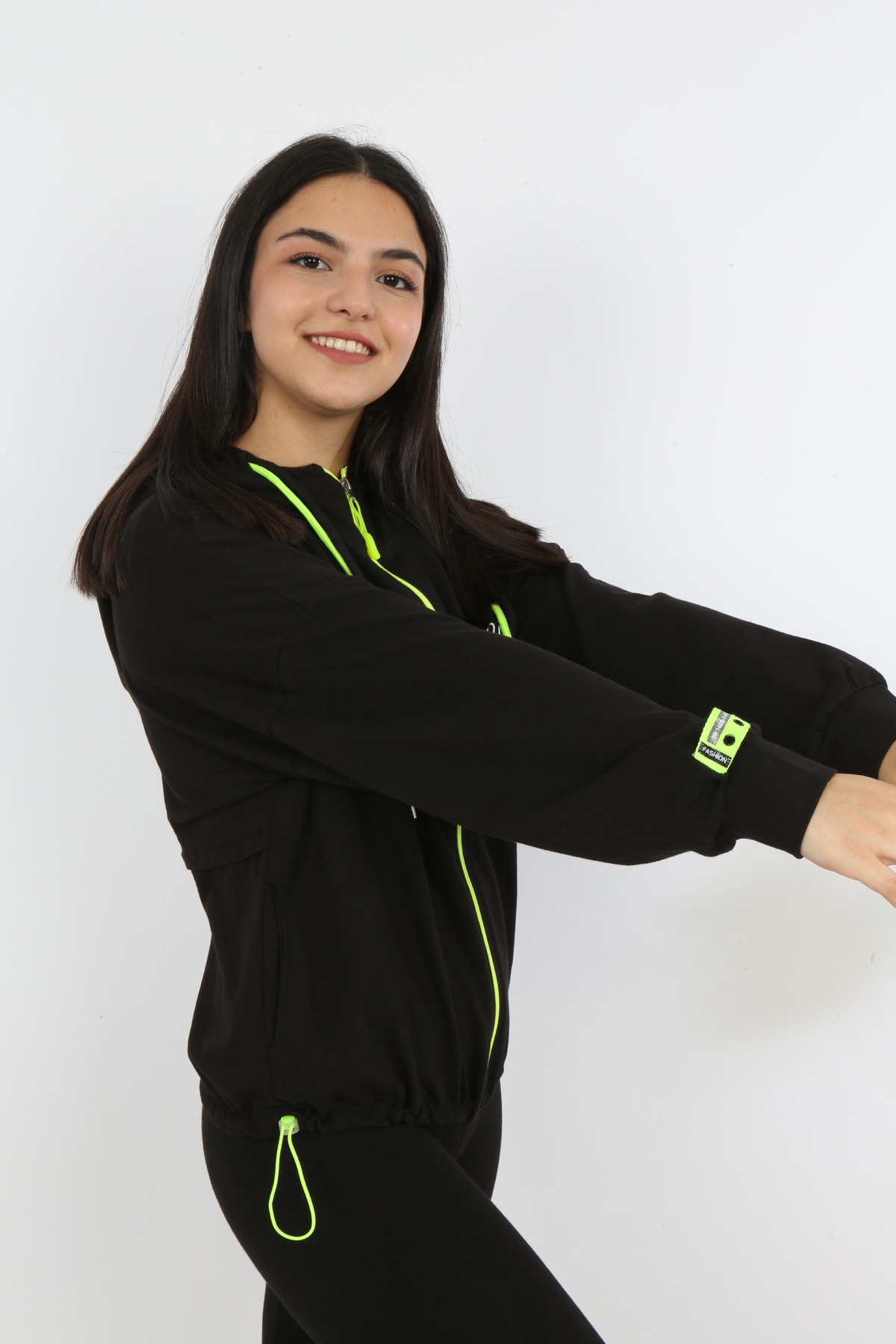 Kız Çocuk Ön Ve Arka Nakışlı Fermuarlı Cepli Sweatshirt