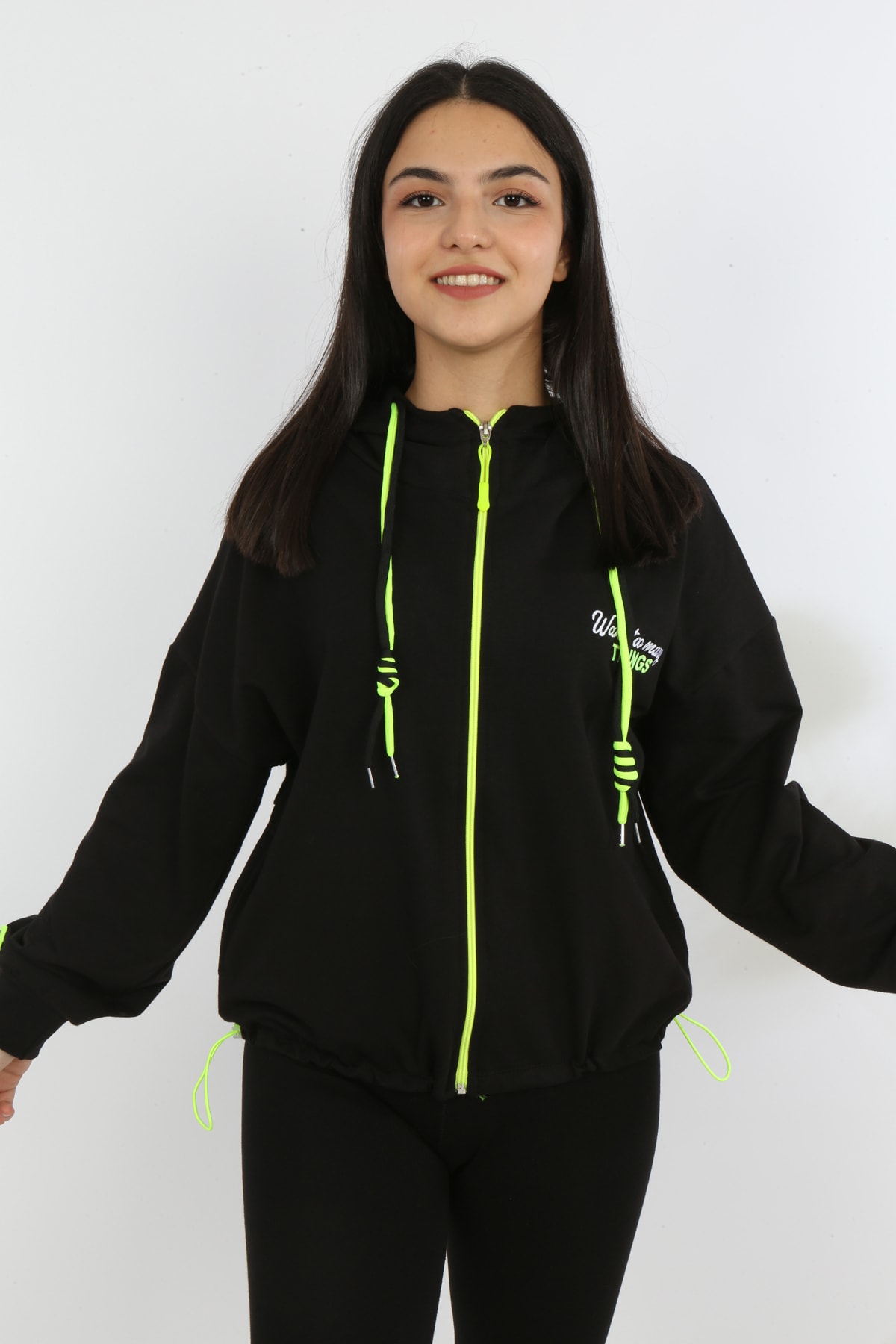 Kız Çocuk Ön Ve Arka Nakışlı Fermuarlı Cepli Sweatshirt