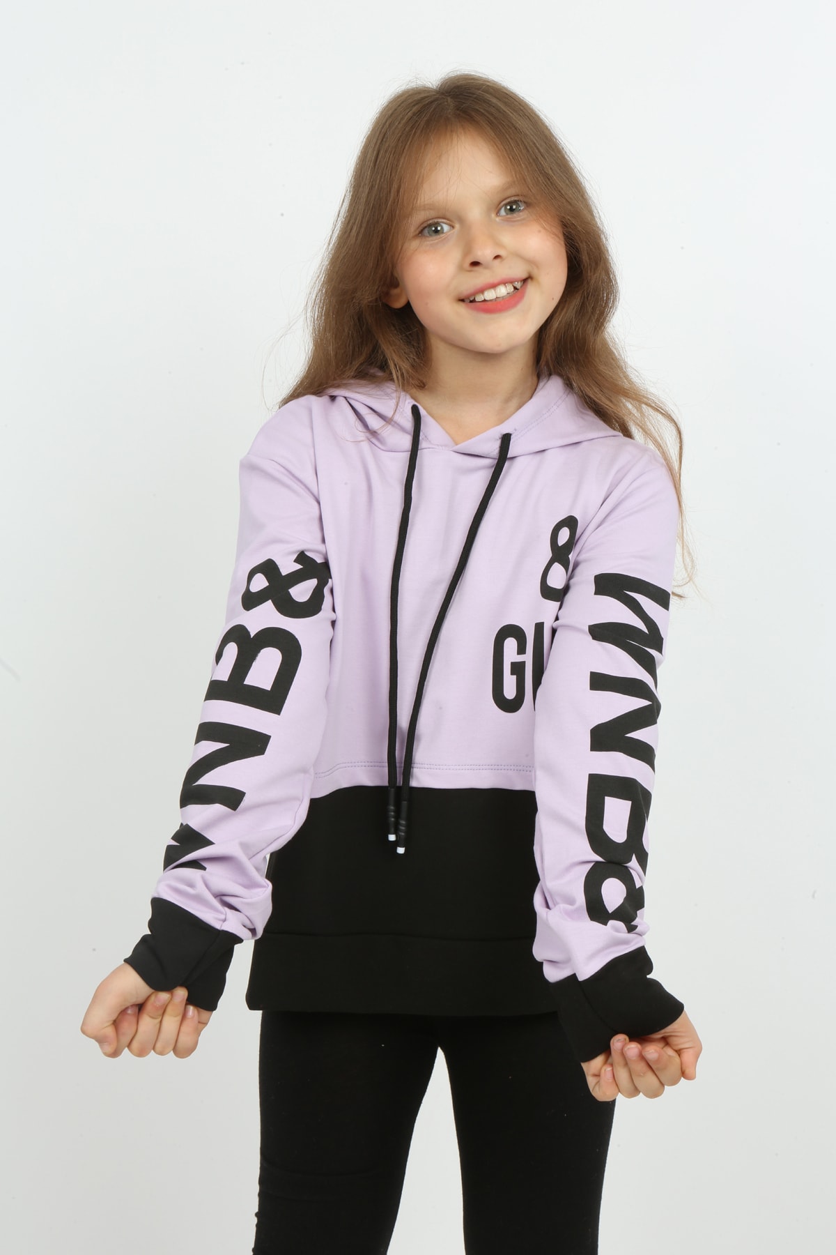 Kız Çocuk Göbek Üstü Çif Renkli Kapüşonlu Baskılı Sweatshirt