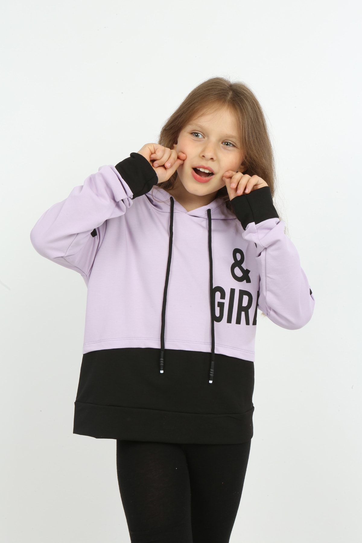 Kız Çocuk Göbek Üstü Çif Renkli Kapüşonlu Baskılı Sweatshirt