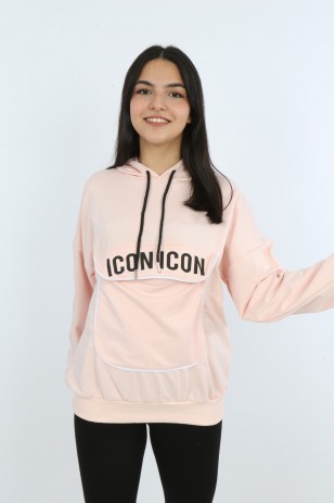 Kız Çocuk Yazı Baskılı Kapüşonlu Cepli Sweatshirt