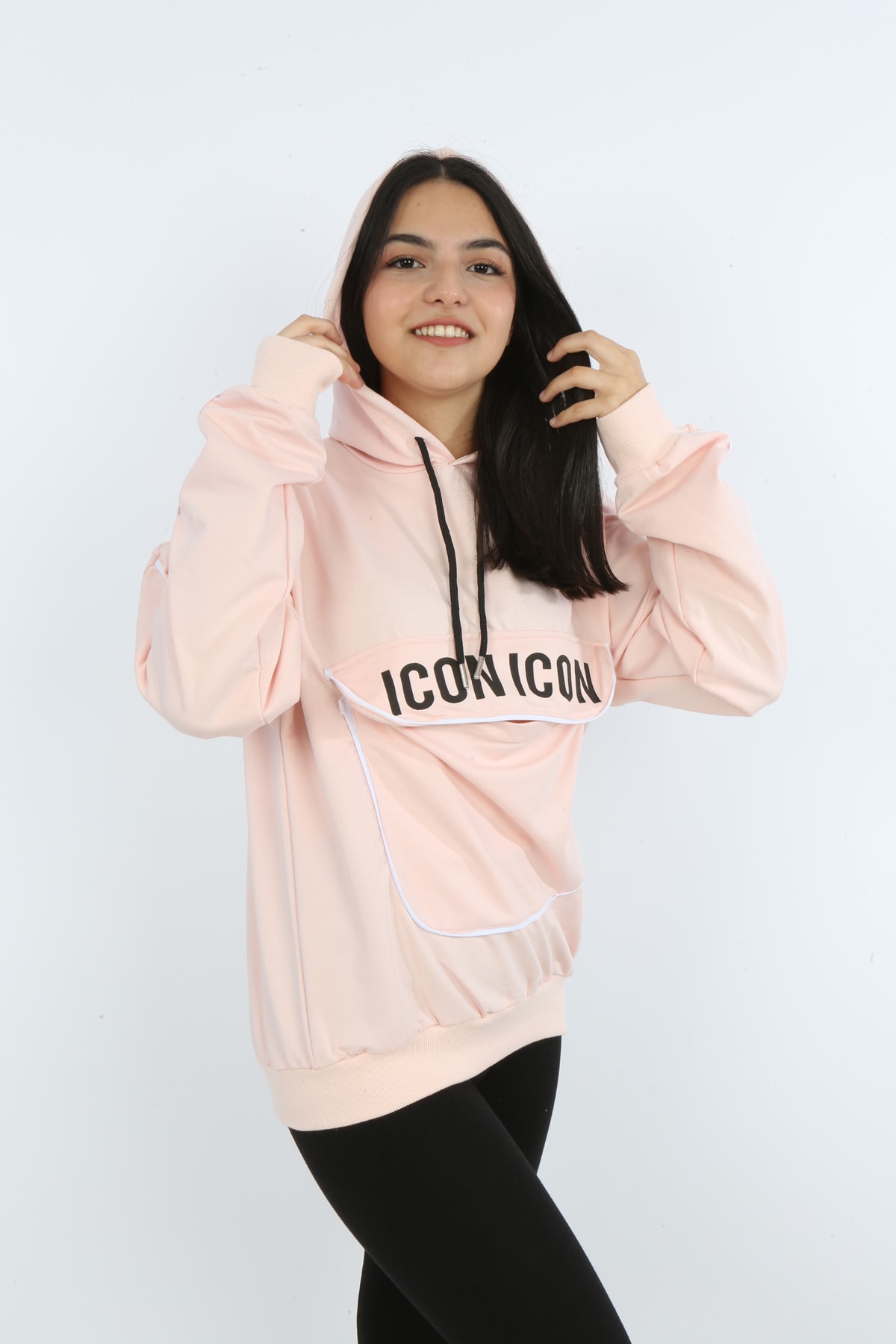 Kız Çocuk Yazı Baskılı Kapüşonlu Cepli Sweatshirt