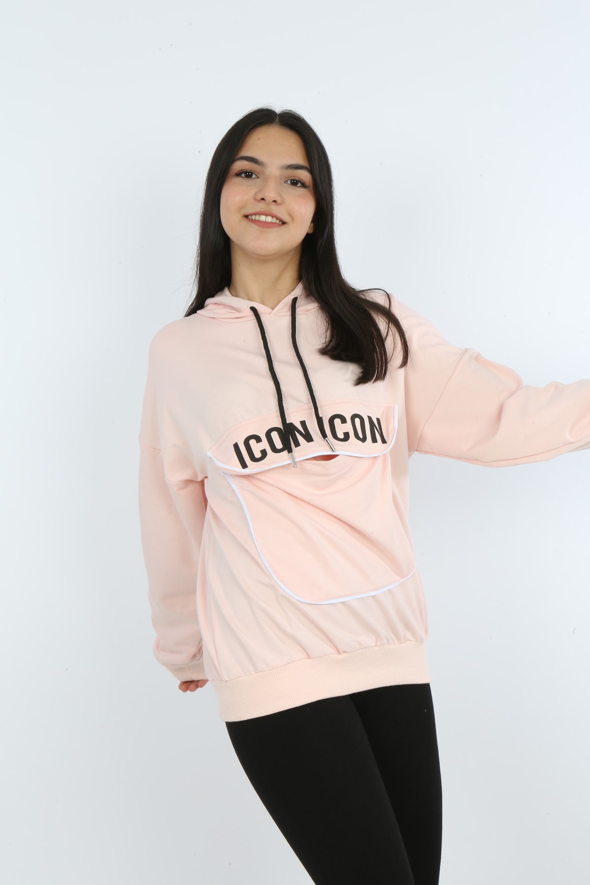 Kız Çocuk Yazı Baskılı Kapüşonlu Cepli Sweatshirt