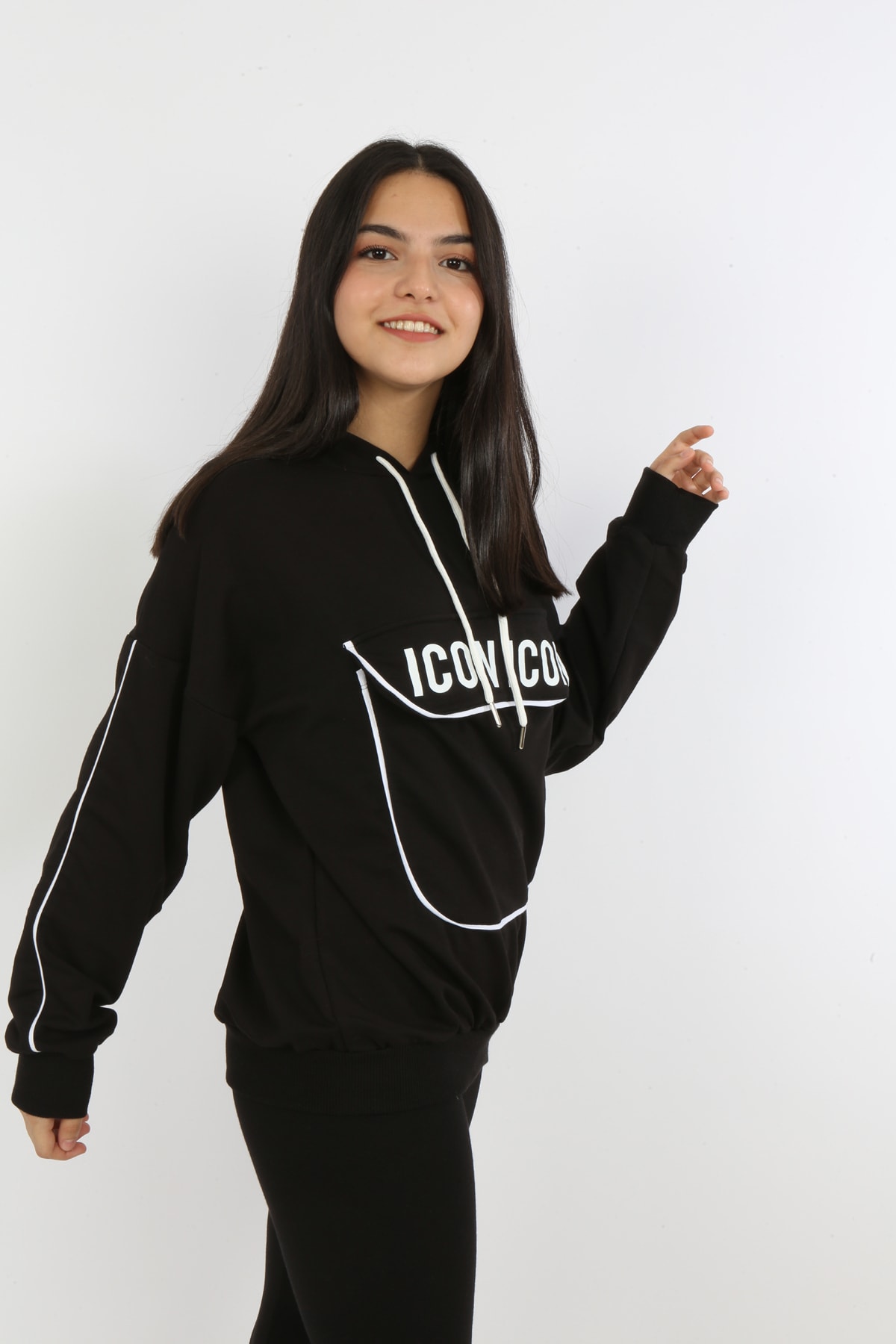 Kız Çocuk Yazı Baskılı Kapüşonlu Cepli Sweatshirt