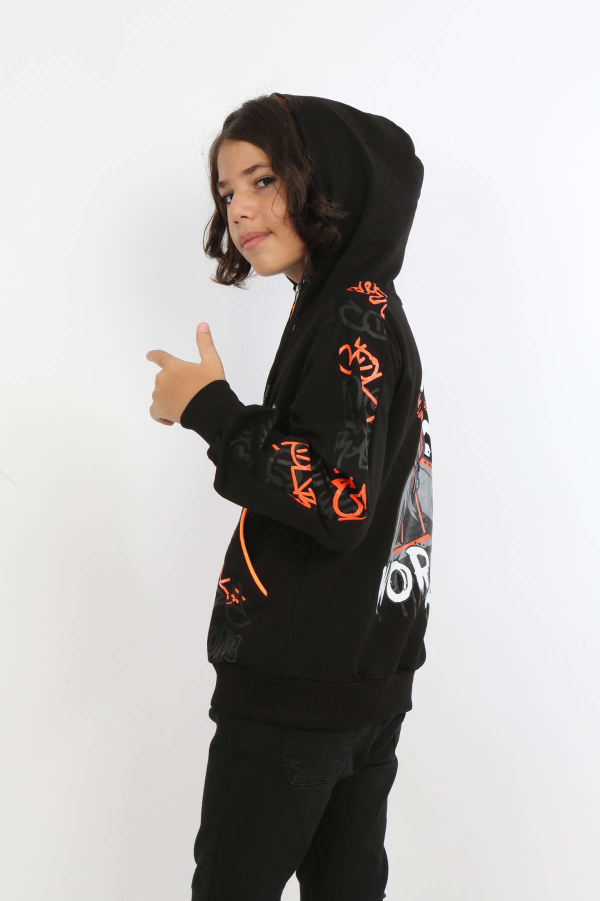 Erkek Çocuk Ön Ve Arka Baskılı Kapüşonlu Cepli Fermuarlı Sweatshirt