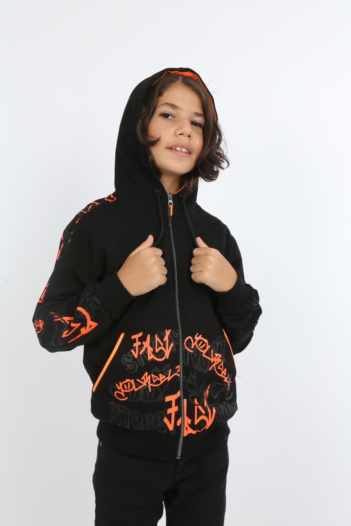 Erkek Çocuk Ön Ve Arka Baskılı Kapüşonlu Cepli Fermuarlı Sweatshirt