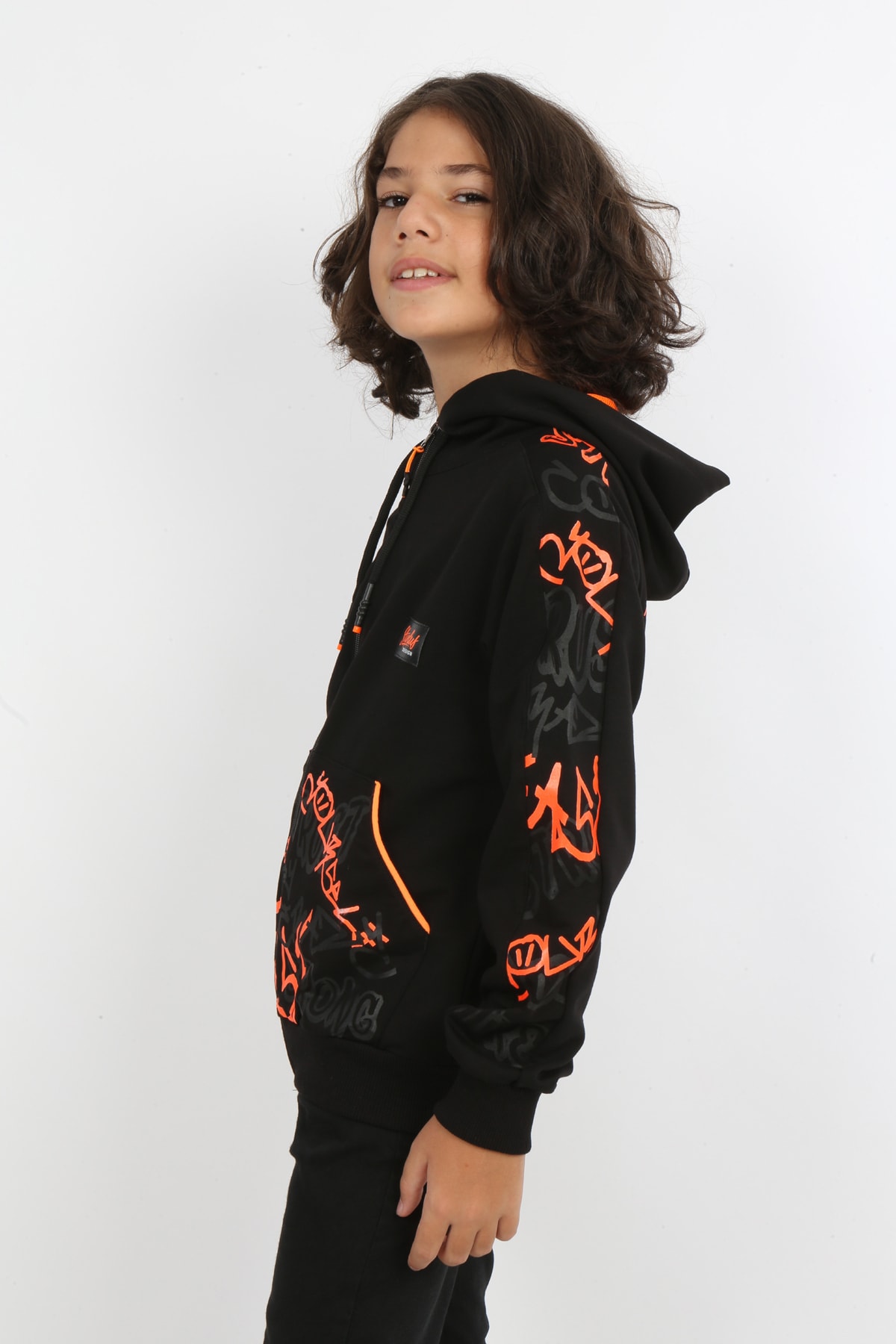 Erkek Çocuk Ön Ve Arka Baskılı Kapüşonlu Cepli Fermuarlı Sweatshirt