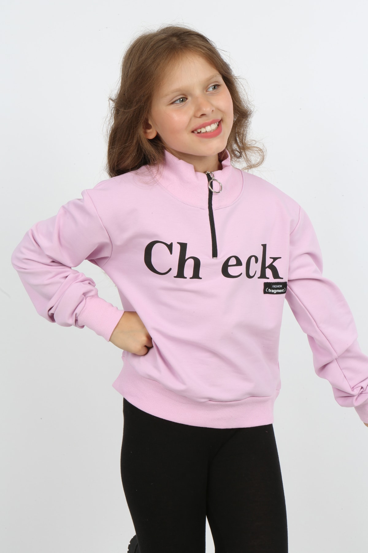 Kız Çocuk Ön Den Yarım Fermuarlı Baskılı Sweatshirt