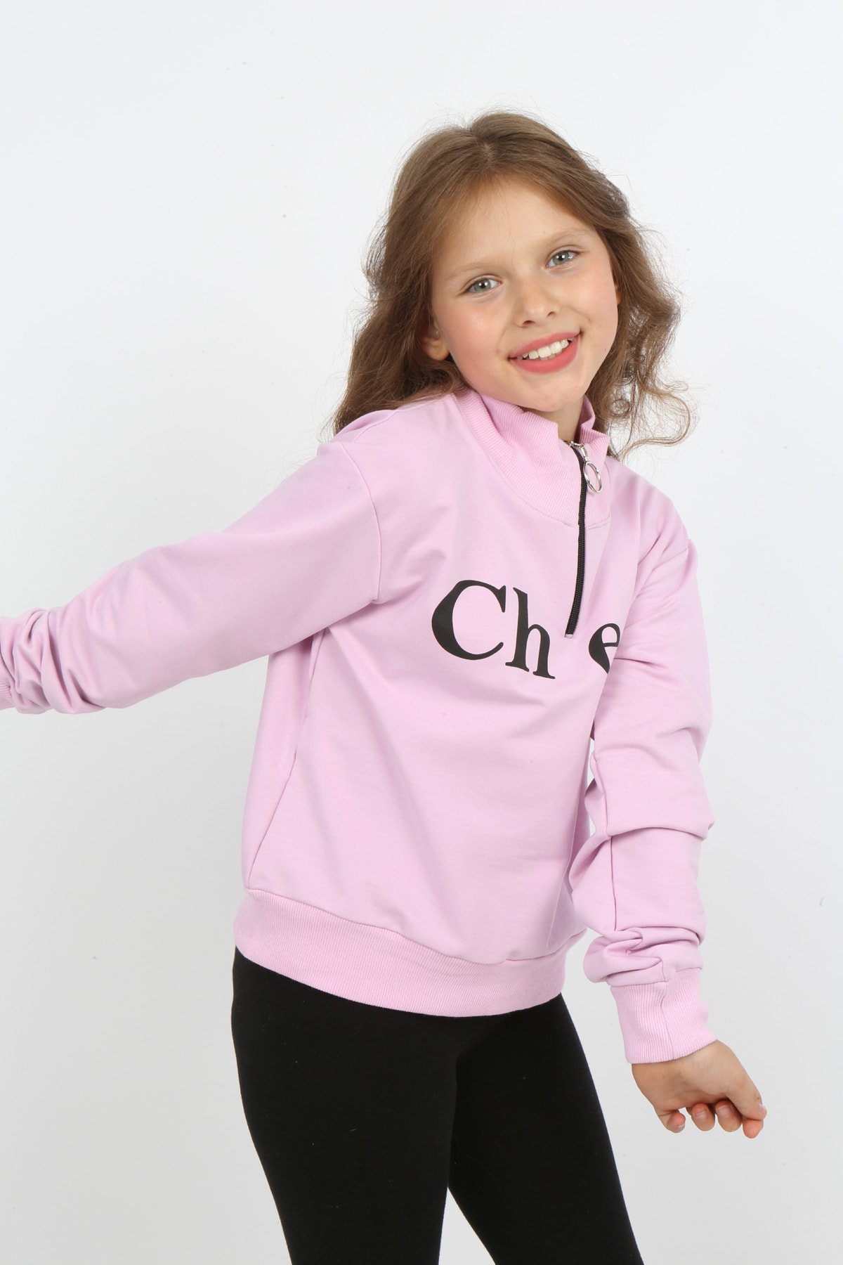Kız Çocuk Ön Den Yarım Fermuarlı Baskılı Sweatshirt