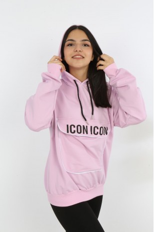 Kız Çocuk Yazı Baskılı Kapüşonlu Cepli Sweatshirt