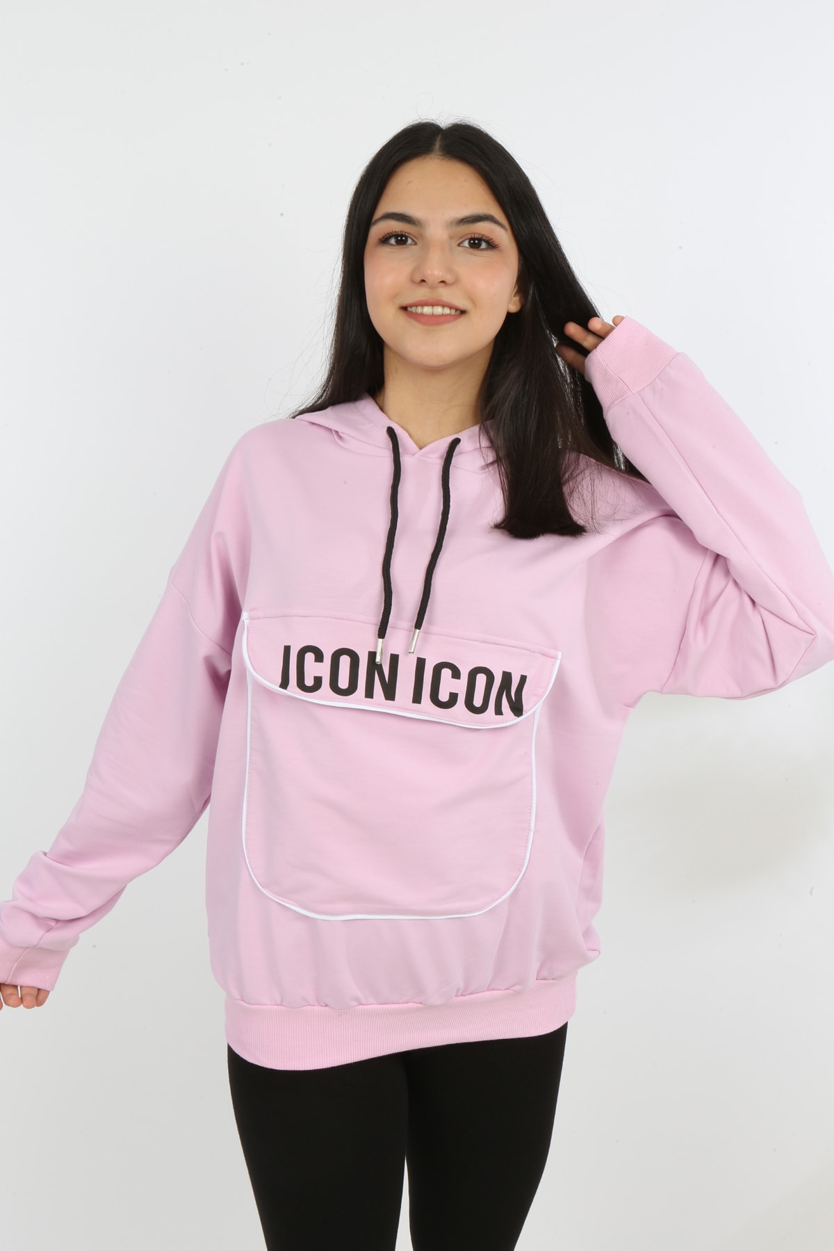 Kız Çocuk Yazı Baskılı Kapüşonlu Cepli Sweatshirt