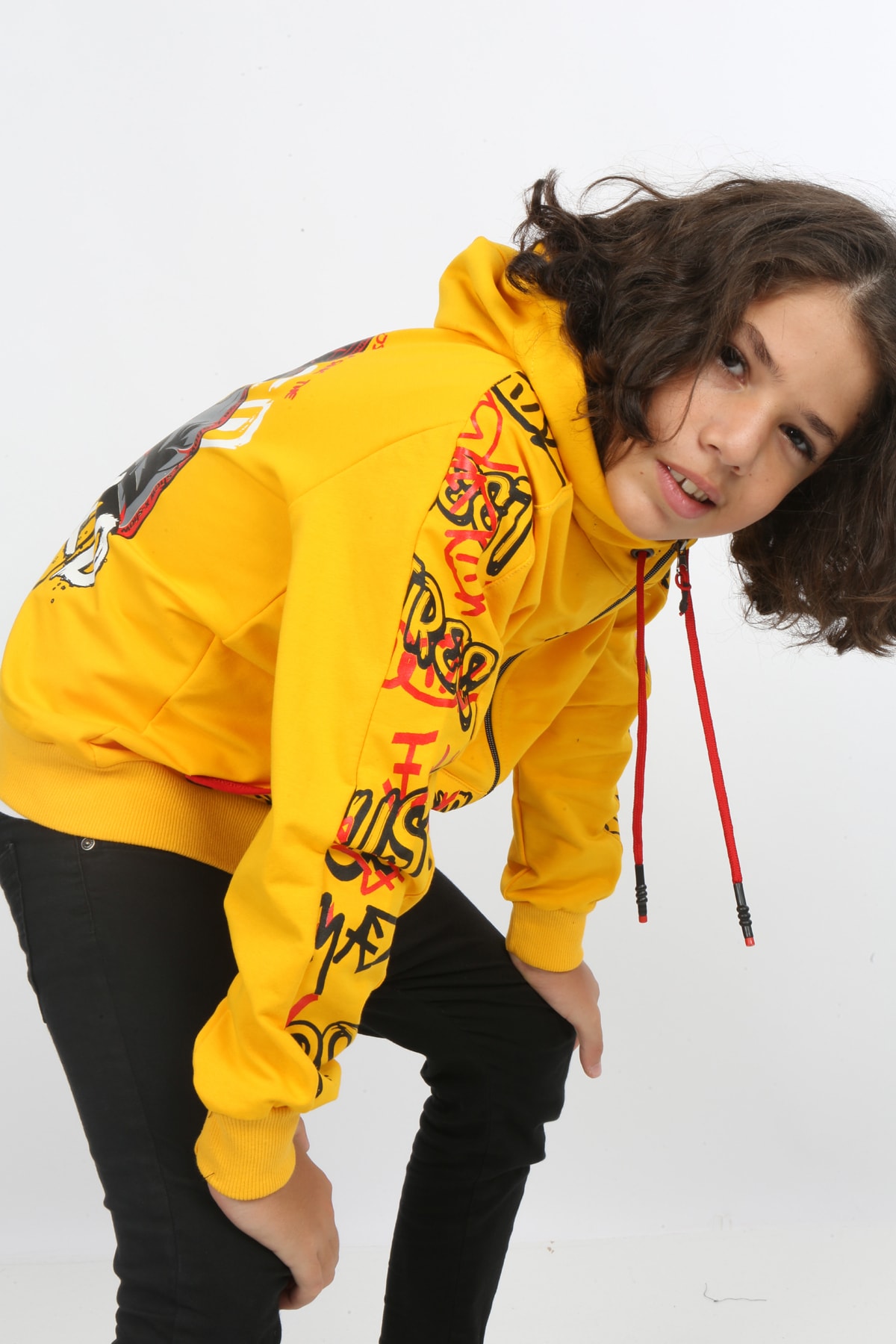 Erkek Çocuk Ön Ve Arka Baskılı Kapüşonlu Cepli Fermuarlı Sweatshirt