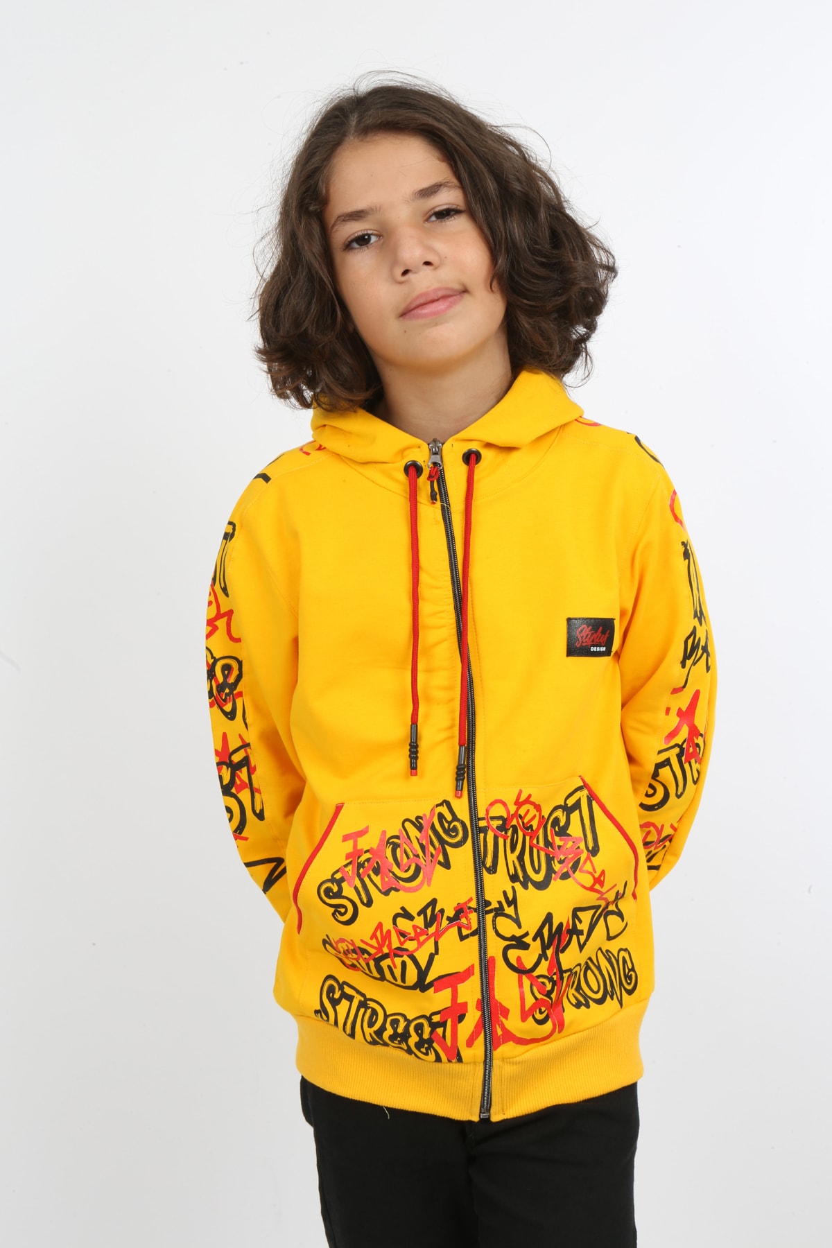 Erkek Çocuk Ön Ve Arka Baskılı Kapüşonlu Cepli Fermuarlı Sweatshirt