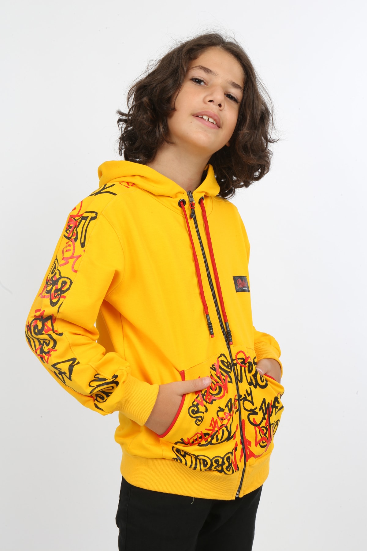 Erkek Çocuk Ön Ve Arka Baskılı Kapüşonlu Cepli Fermuarlı Sweatshirt