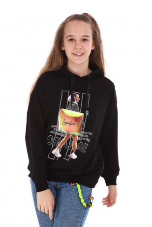 Kız Çocuk Baskılı Kapüşonlu Sweatshirt