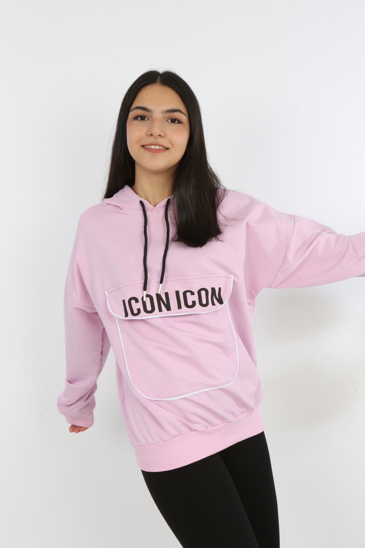 Kız Çocuk Yazı Baskılı Kapüşonlu Cepli Sweatshirt