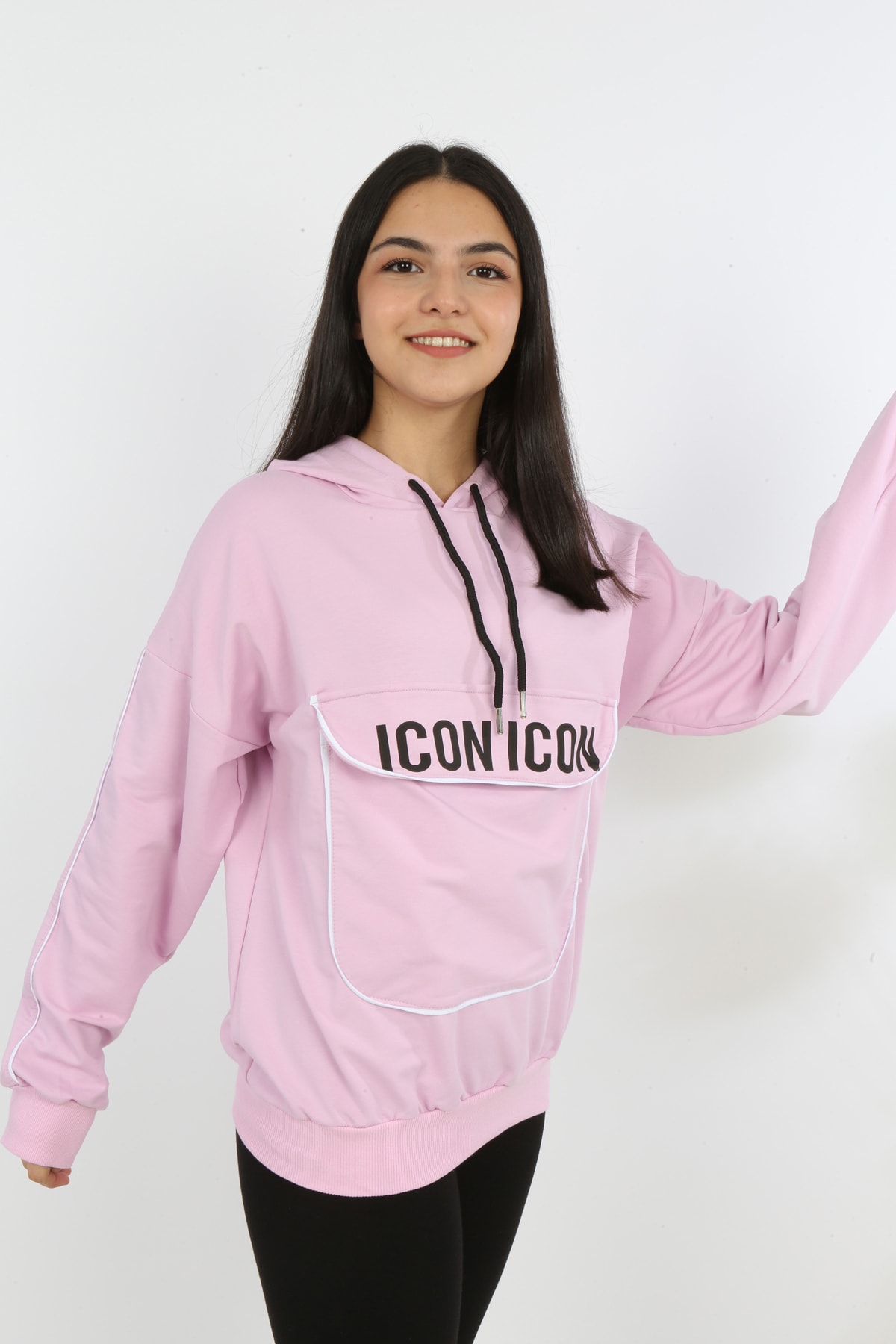Kız Çocuk Yazı Baskılı Kapüşonlu Cepli Sweatshirt