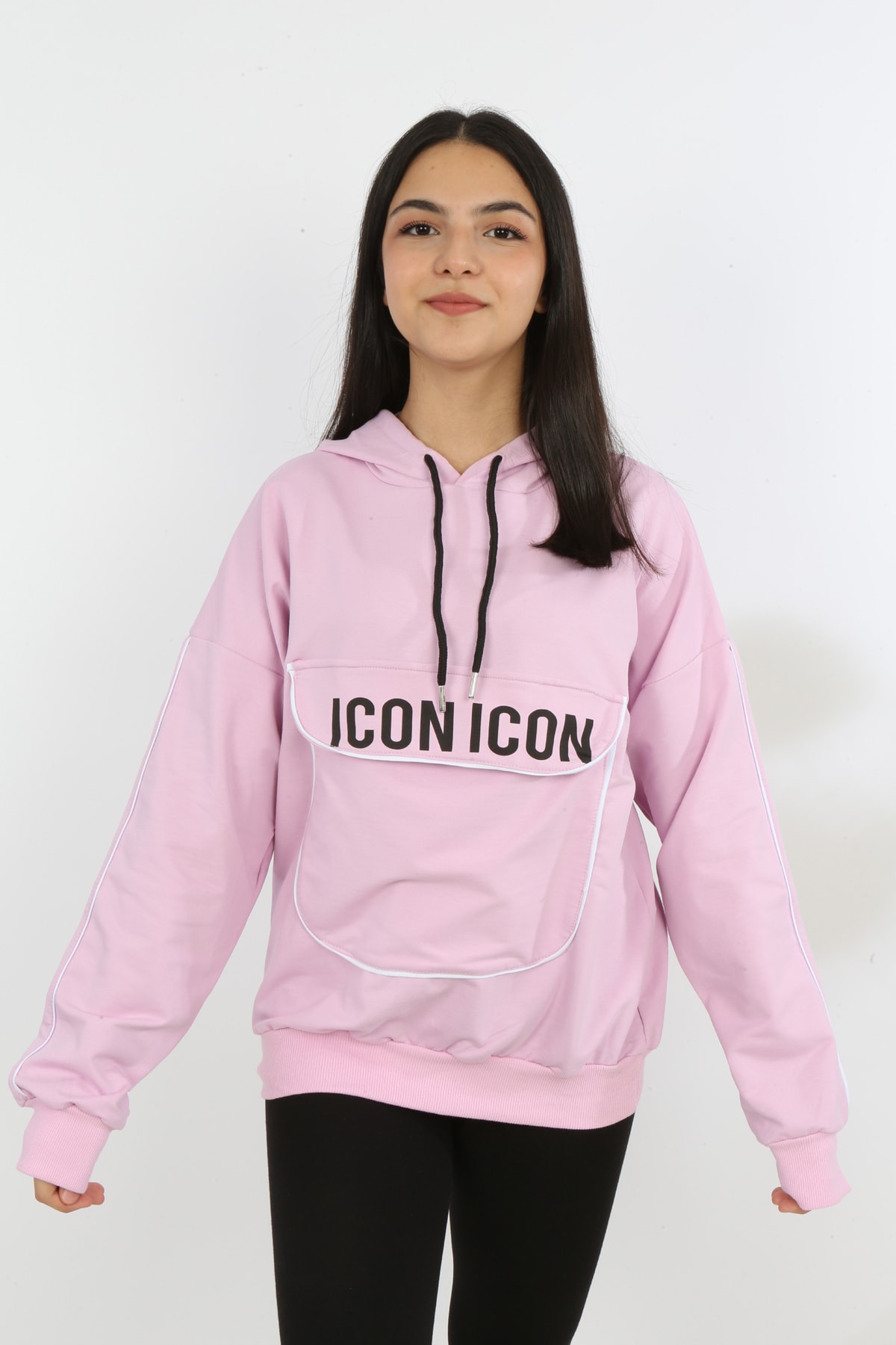 Kız Çocuk Yazı Baskılı Kapüşonlu Cepli Sweatshirt