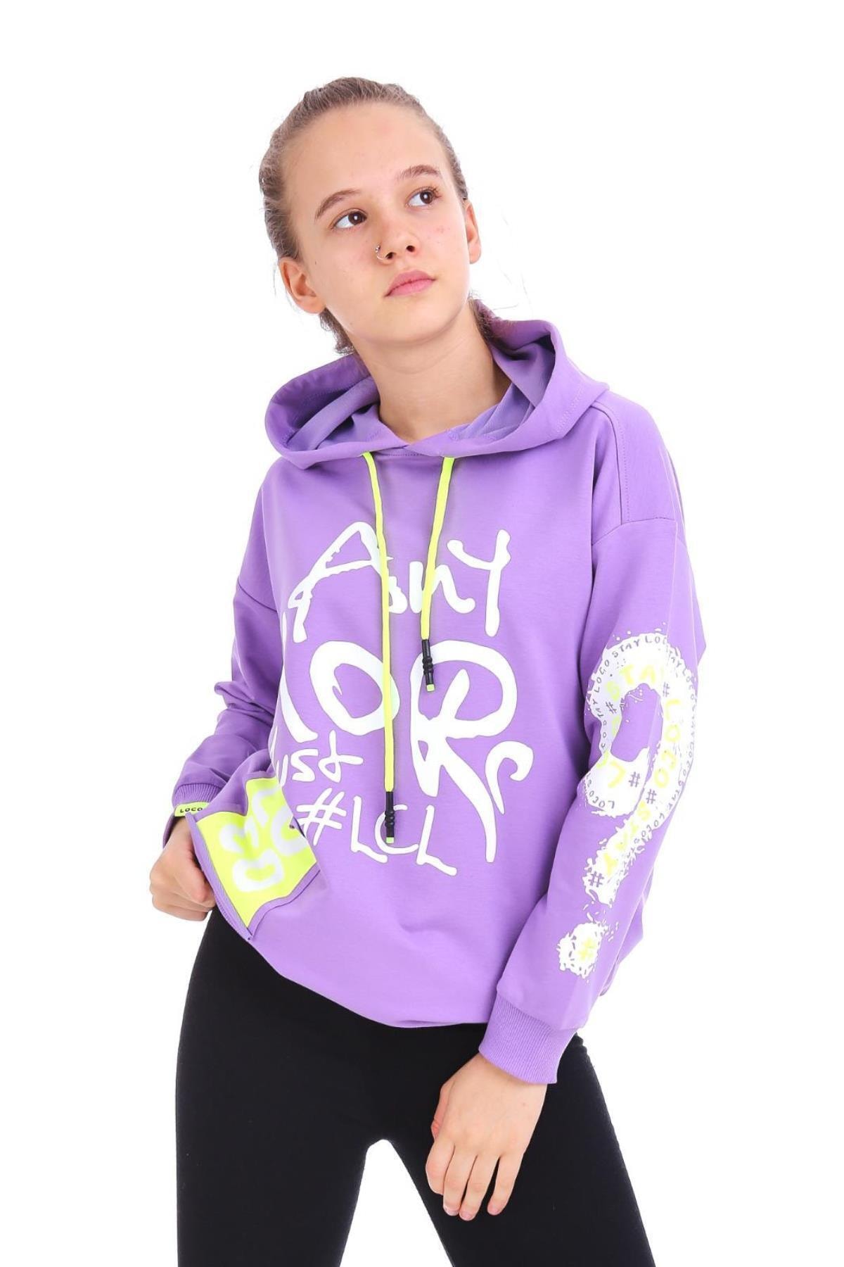 Kız Çocuk Baskılı Kapüşonlu Sweatshirt