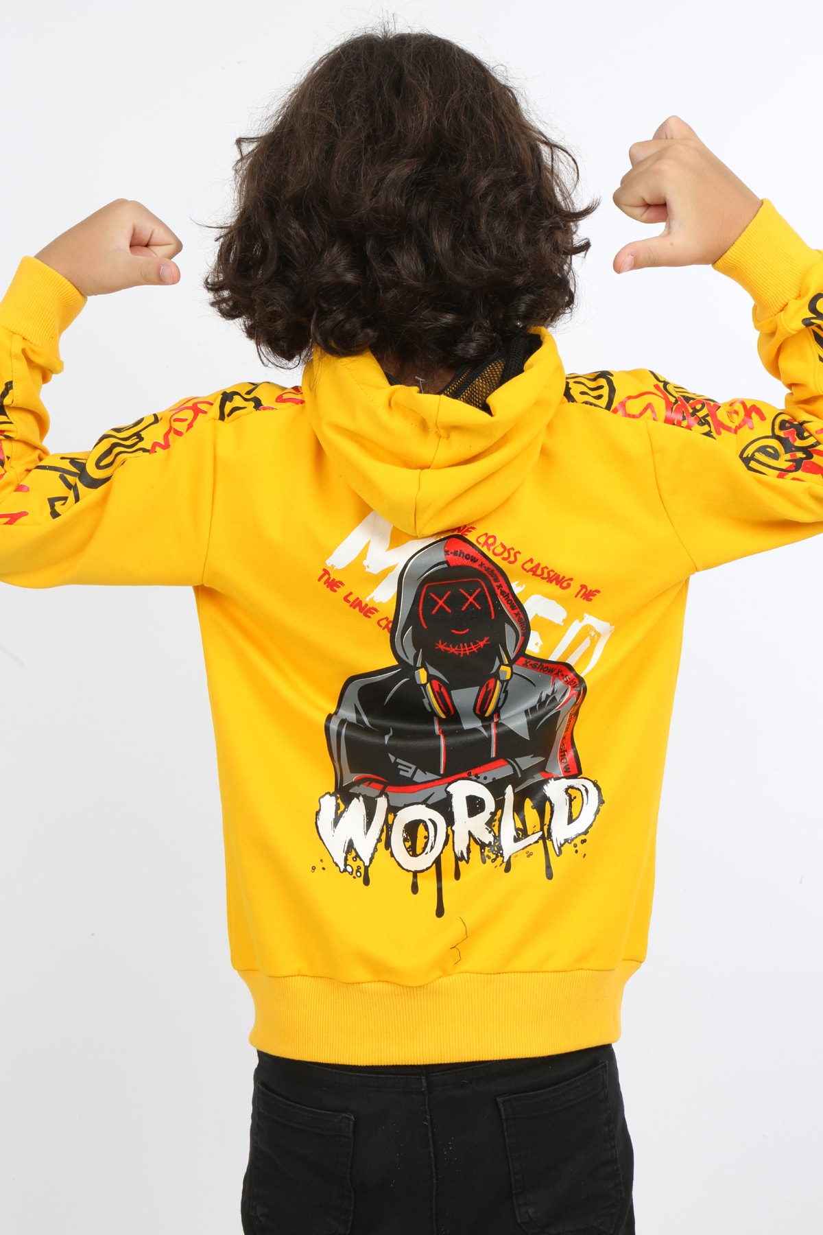 Erkek Çocuk Ön Ve Arka Baskılı Kapüşonlu Cepli Fermuarlı Sweatshirt