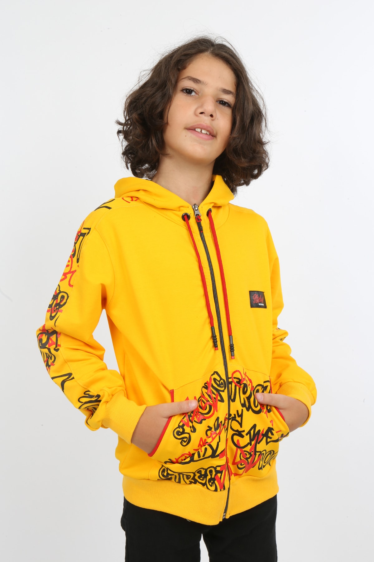 Erkek Çocuk Ön Ve Arka Baskılı Kapüşonlu Cepli Fermuarlı Sweatshirt
