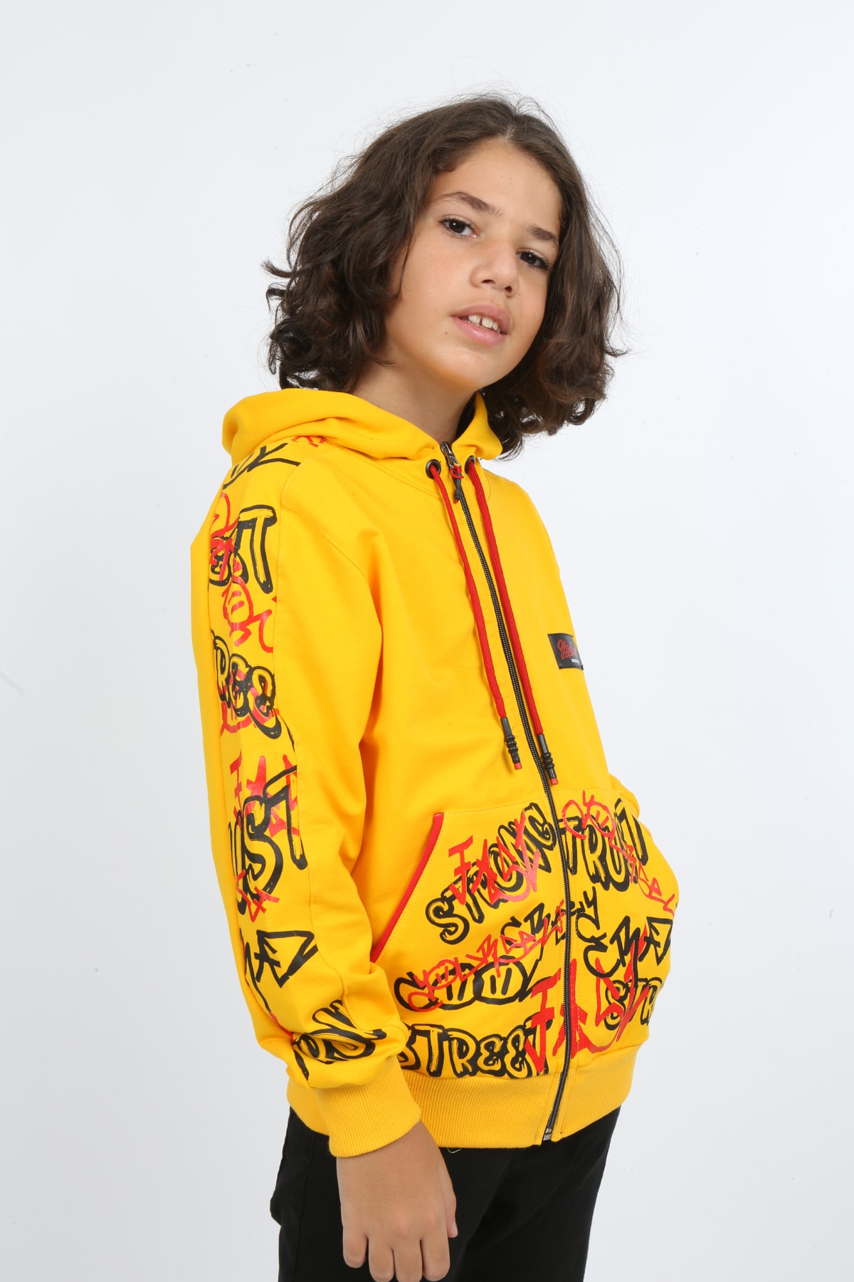 Erkek Çocuk Ön Ve Arka Baskılı Kapüşonlu Cepli Fermuarlı Sweatshirt