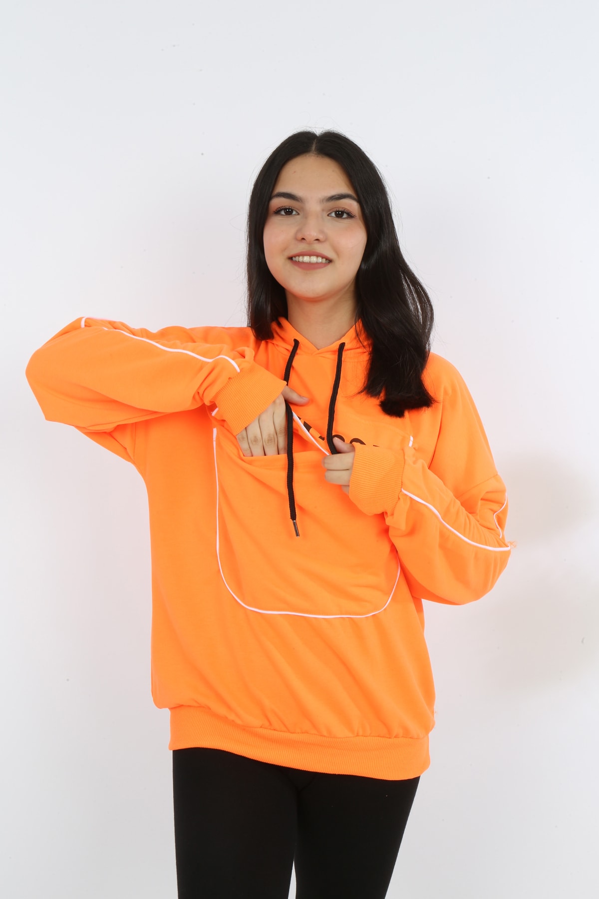 Kız Çocuk Yazı Baskılı Kapüşonlu Cepli Sweatshirt