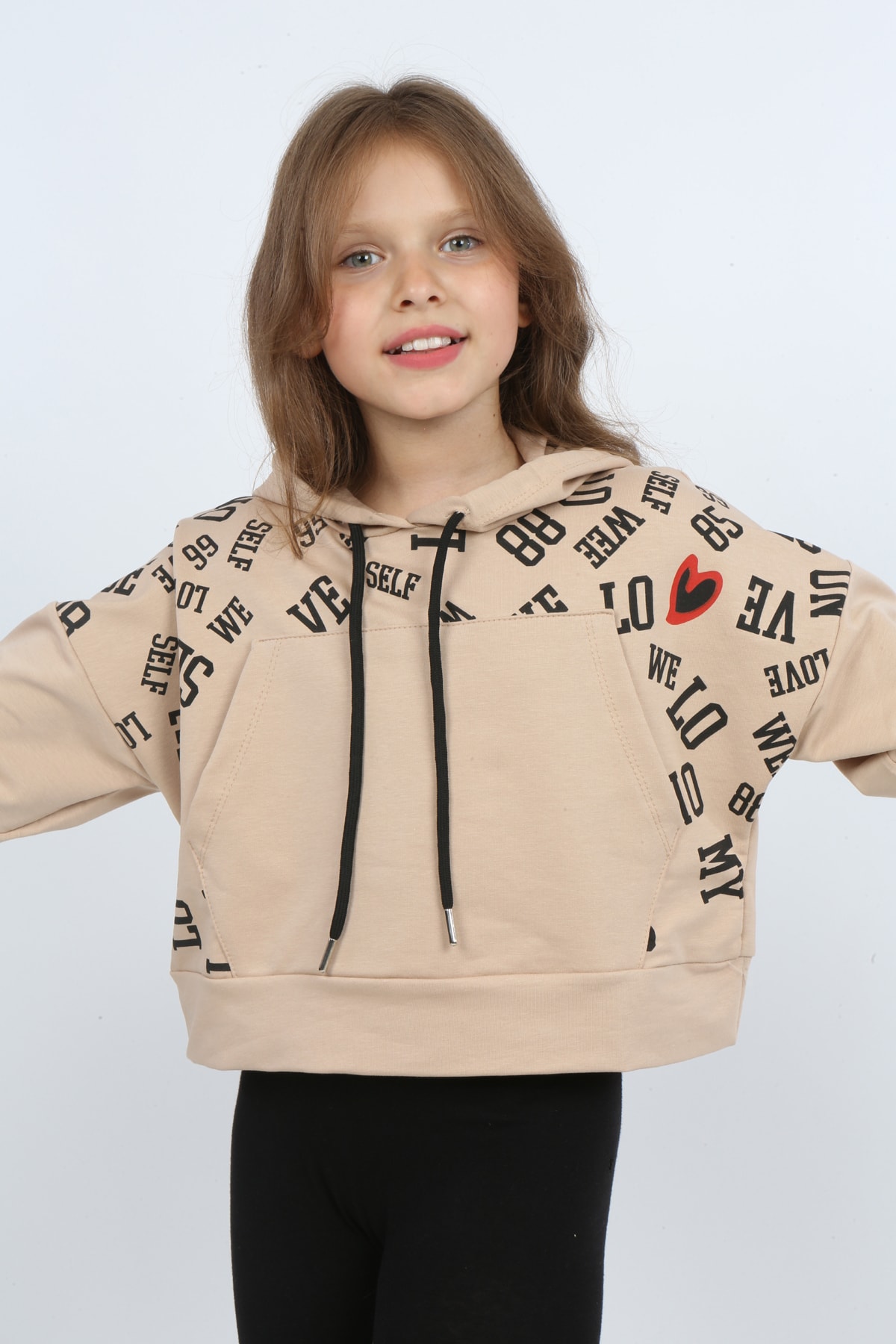 Kız Çocuk Göbek Üstü Kapüşonlu Cepli Baskılı Sweatshirt