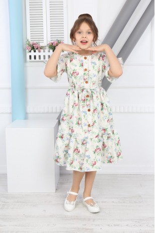 فستان بناتي مزين بحزام ونقشة زهور