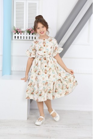 فستان بناتي مزين بحزام ونقشة زهور