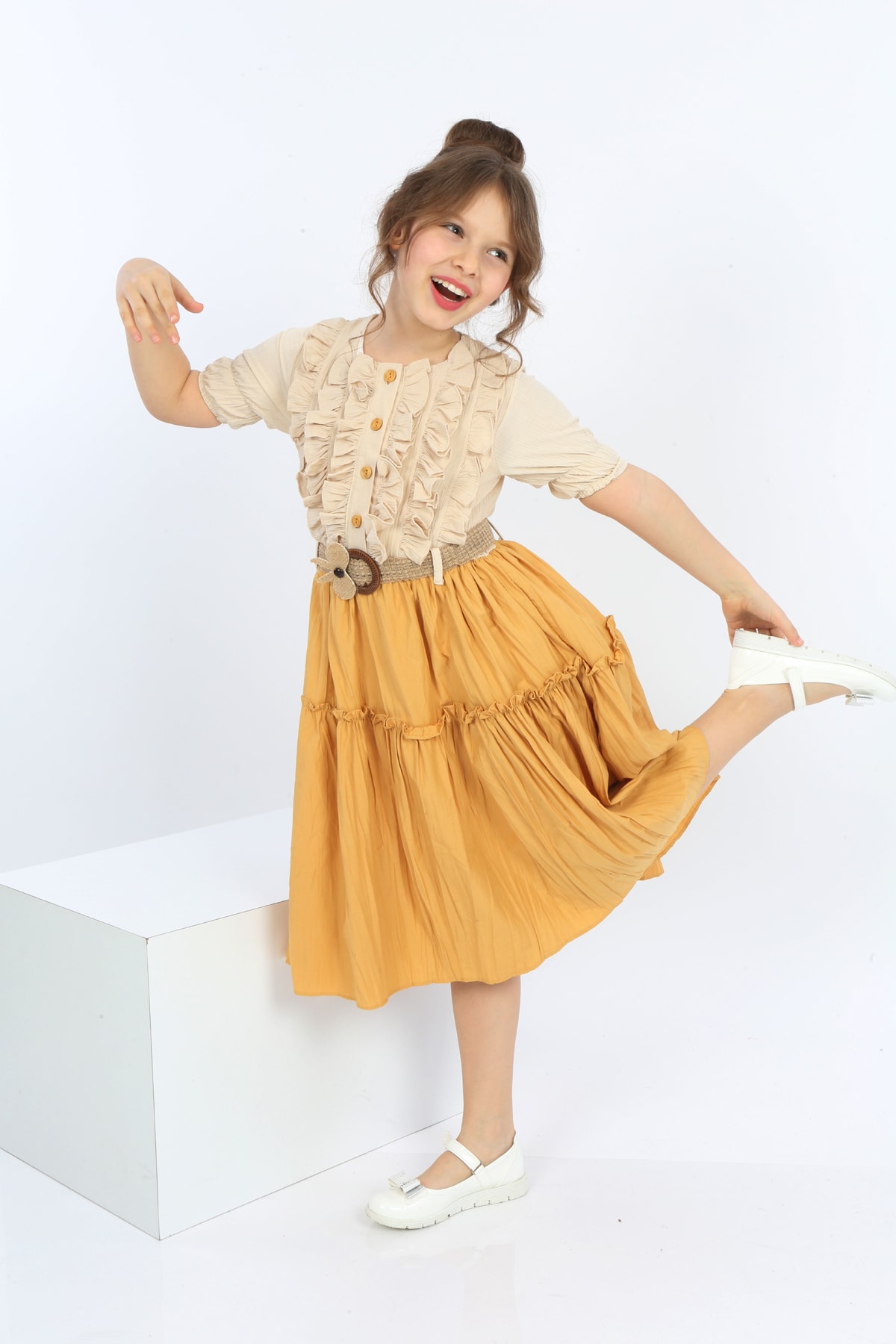 Girls Belted Front Button Bicolor Dress