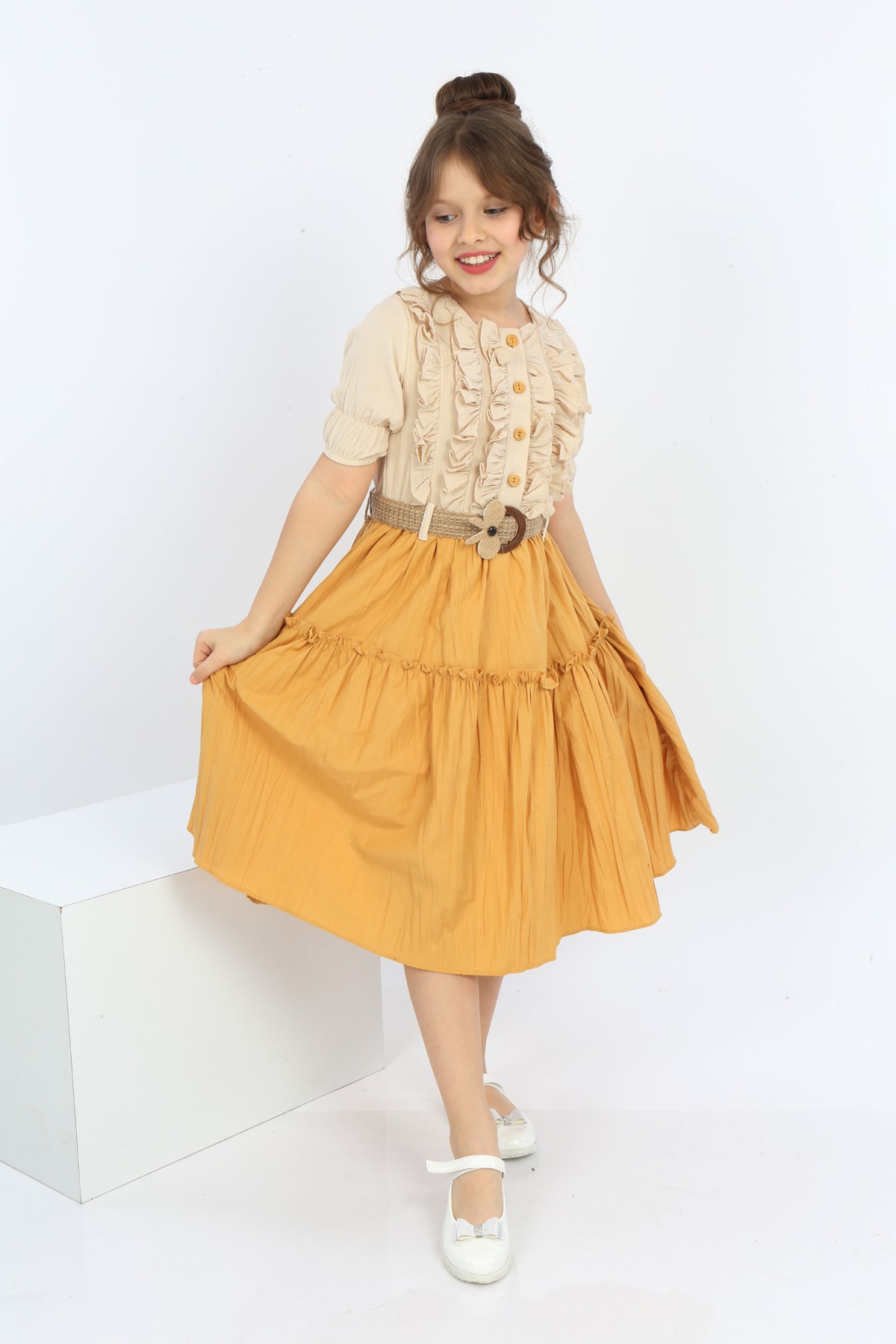Girls Belted Front Button Bicolor Dress