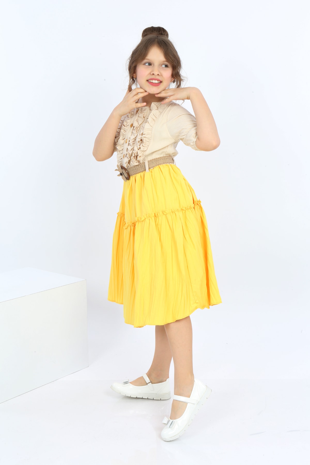 Girls Belted Front Button Bicolor Dress