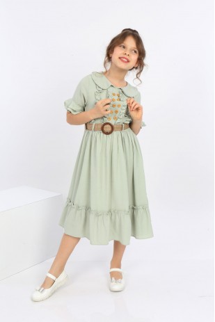 فستان بناتي بياقة أطفال وأزرار أمامية وحزام