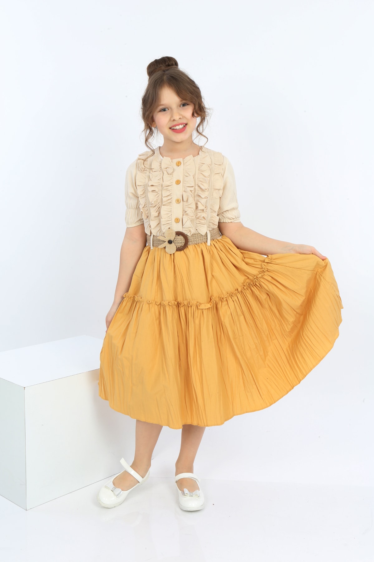 Girls Belted Front Button Bicolor Dress