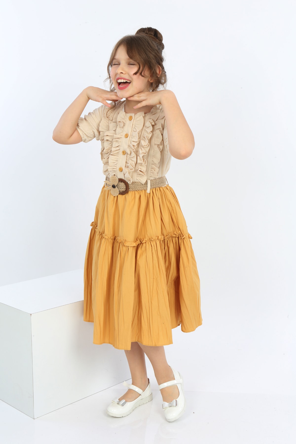 Girls Belted Front Button Bicolor Dress
