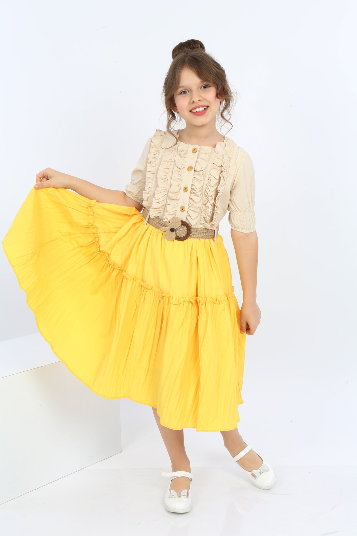 Girls Belted Front Button Bicolor Dress