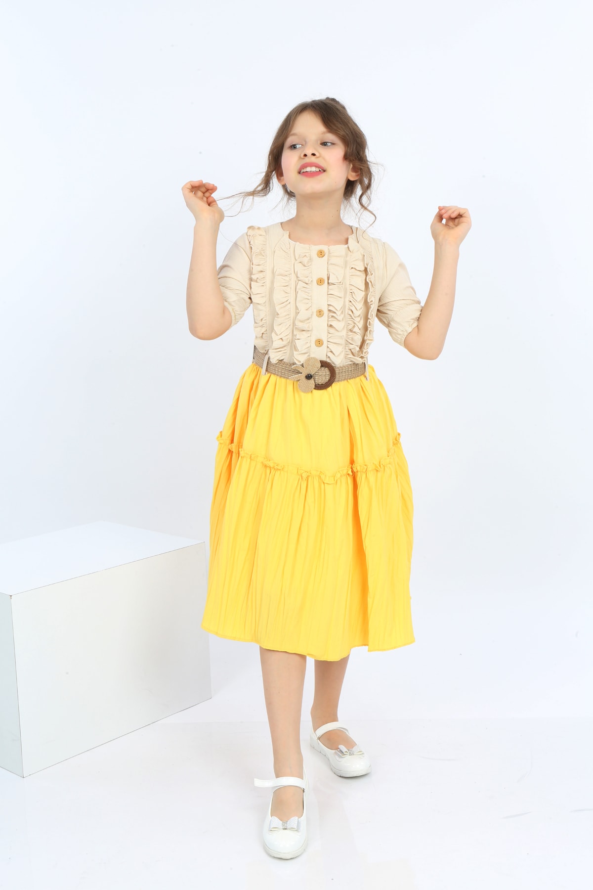 Girls Belted Front Button Bicolor Dress