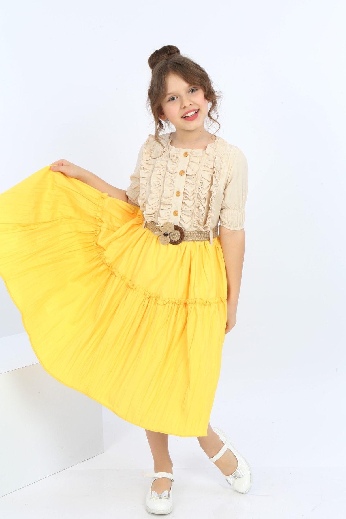 Girls Belted Front Button Bicolor Dress