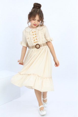 فستان بناتي بياقة أطفال وأزرار أمامية وحزام