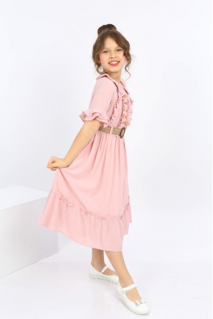 فستان بناتي بياقة أطفال وأزرار أمامية وحزام