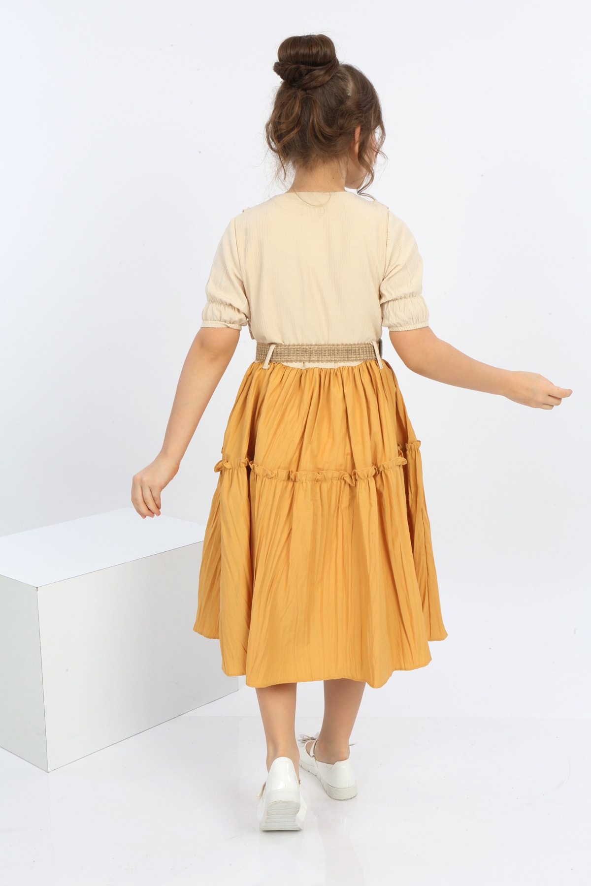 Girls Belted Front Button Bicolor Dress