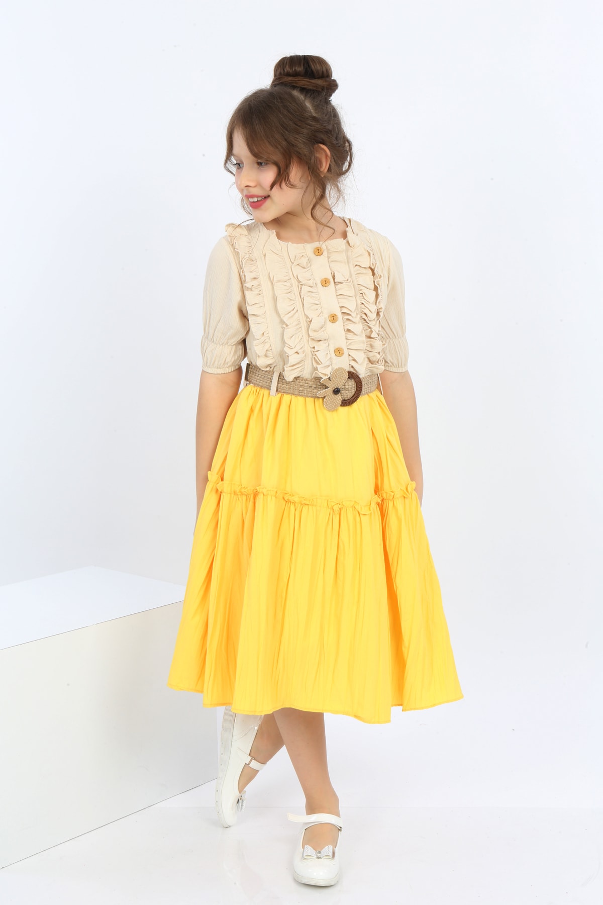 Girls Belted Front Button Bicolor Dress