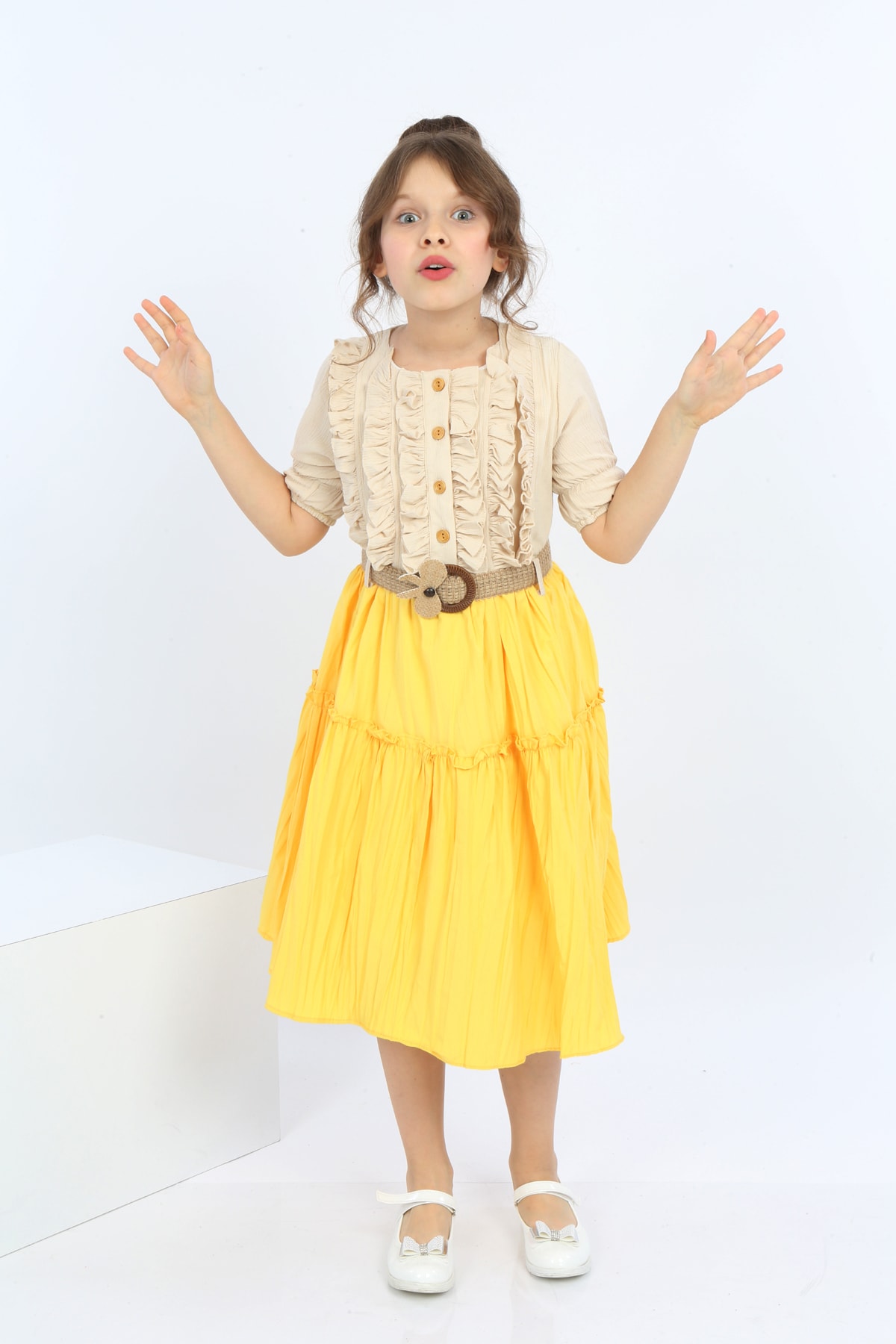 Girls Belted Front Button Bicolor Dress