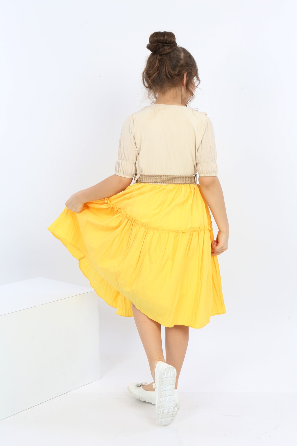 Girls Belted Front Button Bicolor Dress